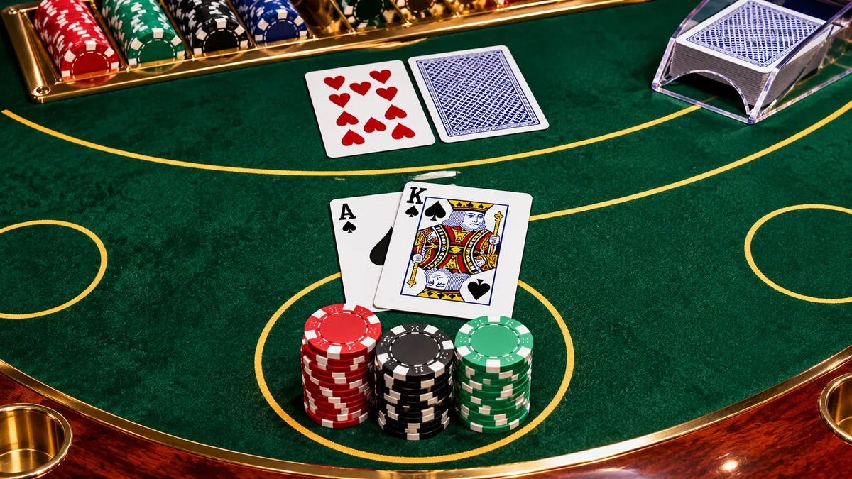 online blackjack – blackjack-asztal kártyákkal és zsetontornyokkal