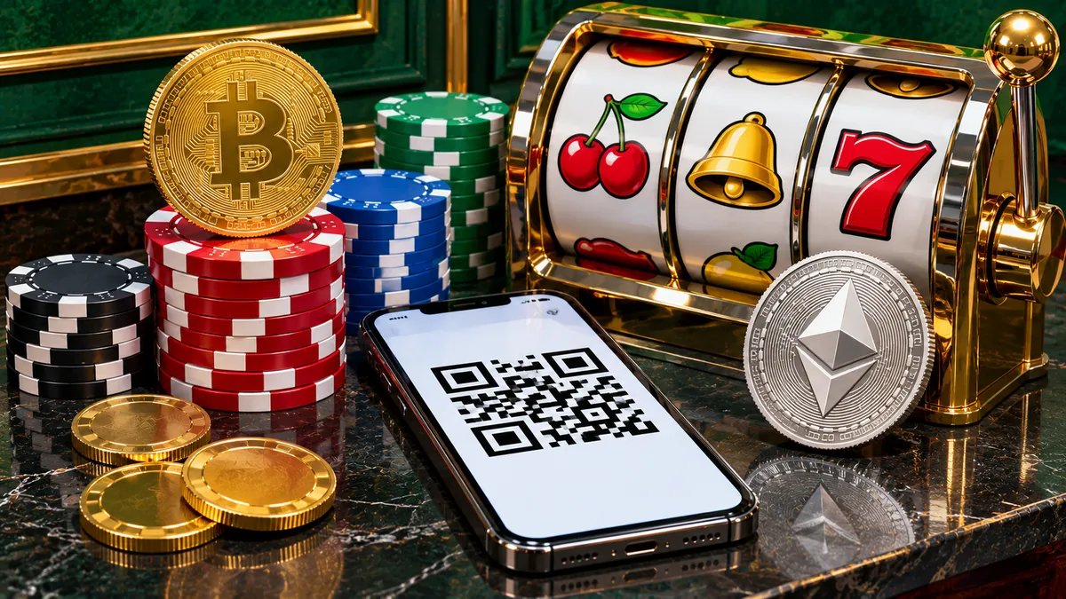 kripto kaszinó – bitcoin-érme zsetonokon és telefon QR-kóddal
